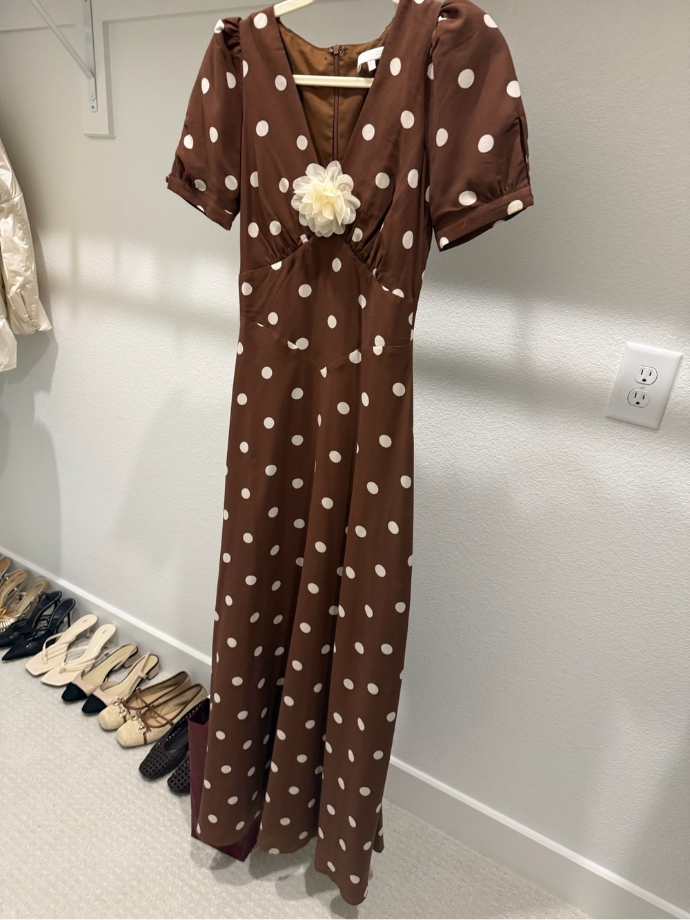 Brown Polka Dot Maxi Dress with Ivory Flower Accent